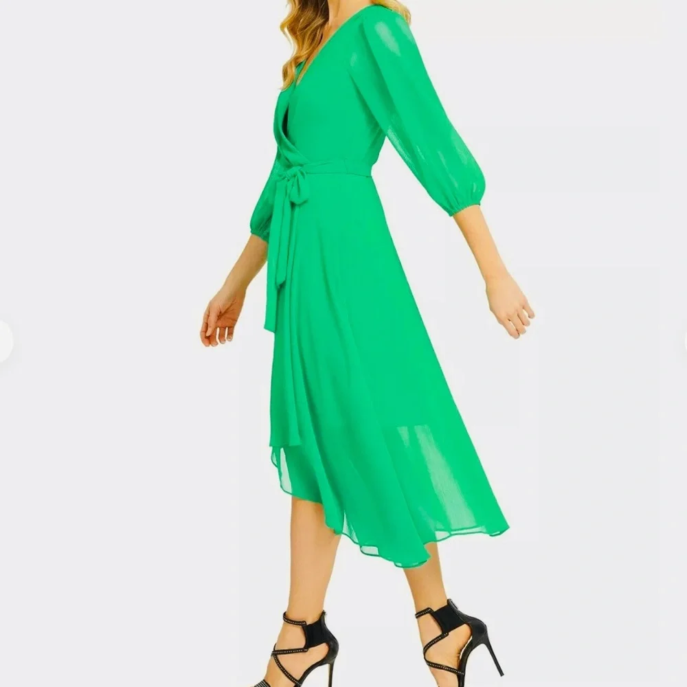 DKNY Dress Chiffon Faux-Wrap VNeck Balloon Slv Bright Apple Green Sz 16 - Picture 8 of 13